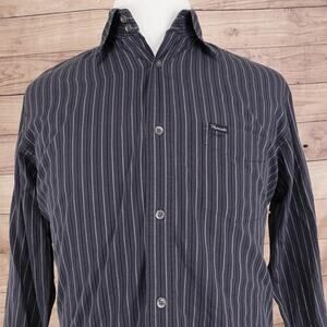 Faconnable Shirt Mens Small Black Gray Stripe Button Front Cotton Long Sleeve
